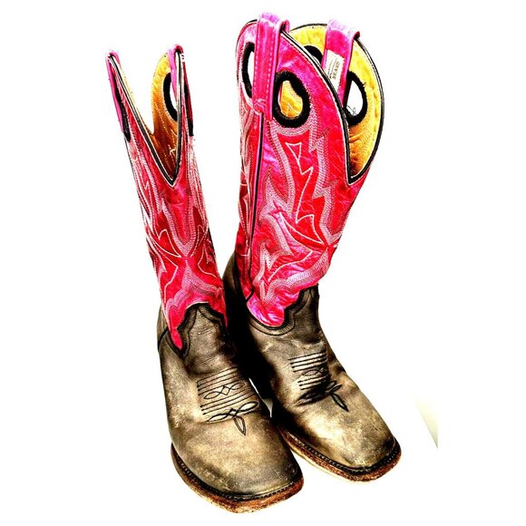 Vintage Stetson Cowboy Boots Western Ranch Leather Pink Gray Womens Size 5.5 - Picture 1 of 14